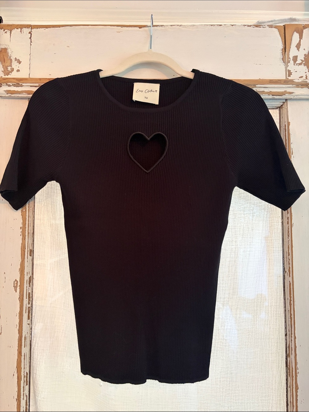 Cozy Couture Black Ribbed Short Sleeve Top with Heart Cutout